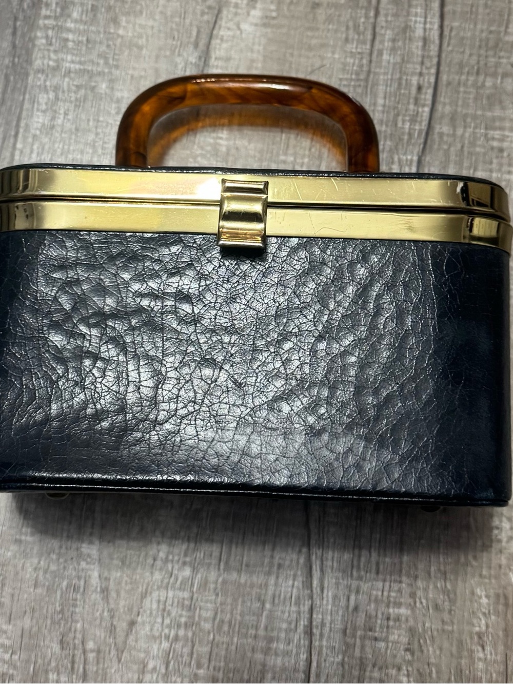 Black Mini Box Bag with Tortoiseshell Handle and Gold Trim